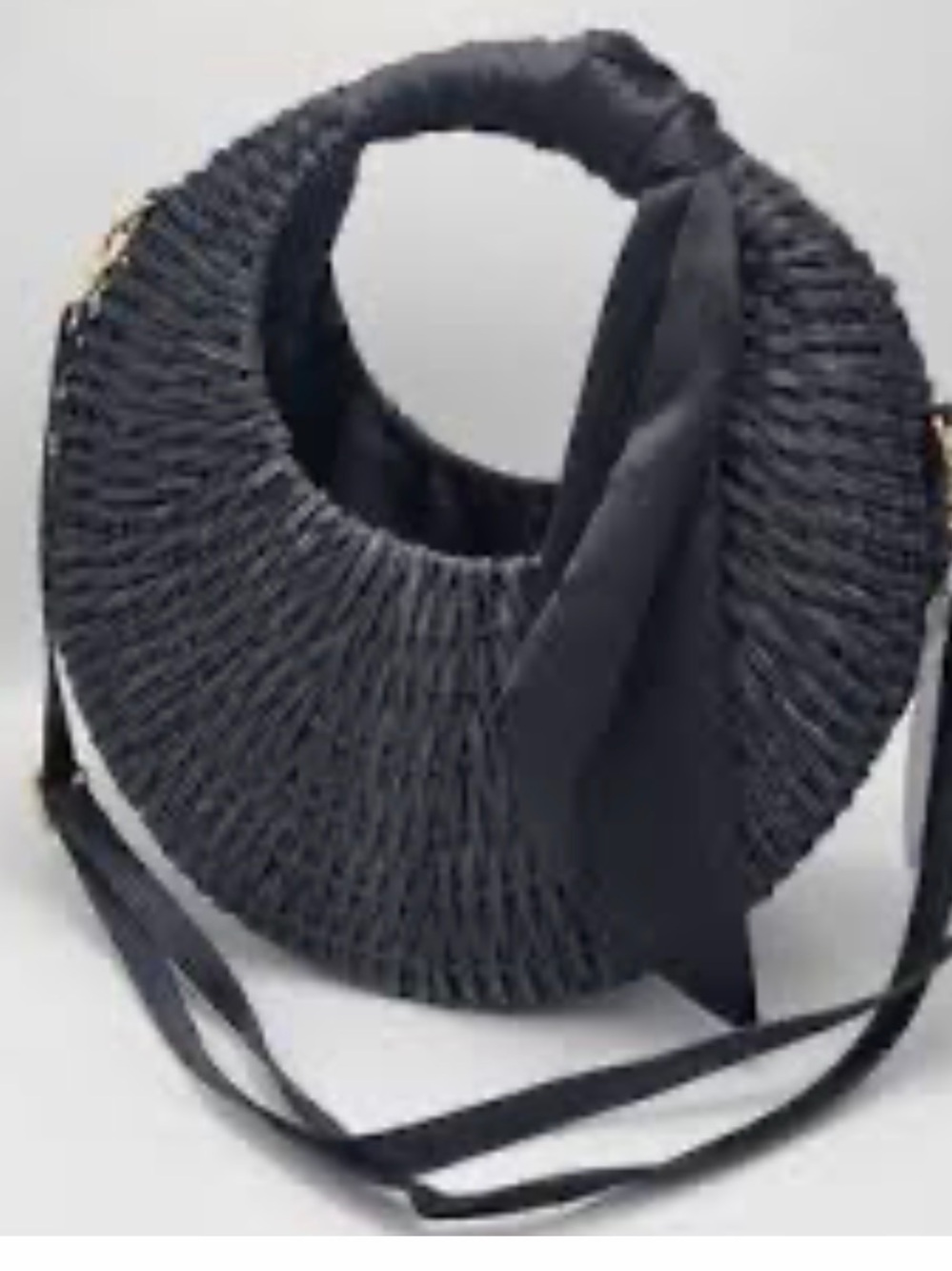 Black Woven Round Crossbody Bag with Scarf Accent